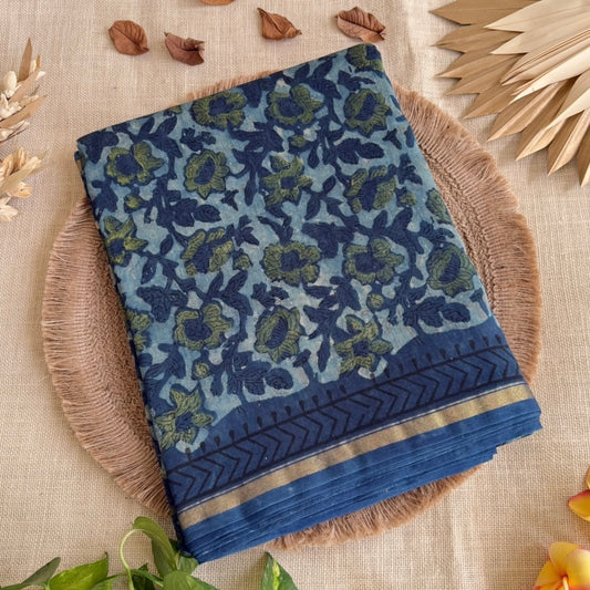 Indigo Floral Chanderi Silk Cotton Saree