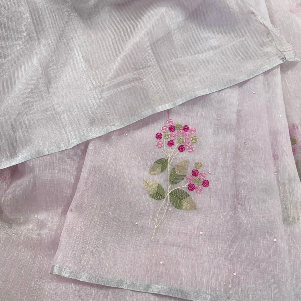 Pastel Pink Floral Embroidery Tissue Linen Saree
