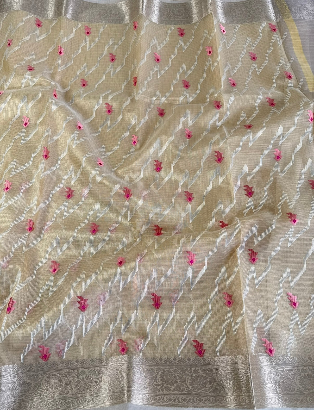 Beige Kota Tissue Embroidery Saree