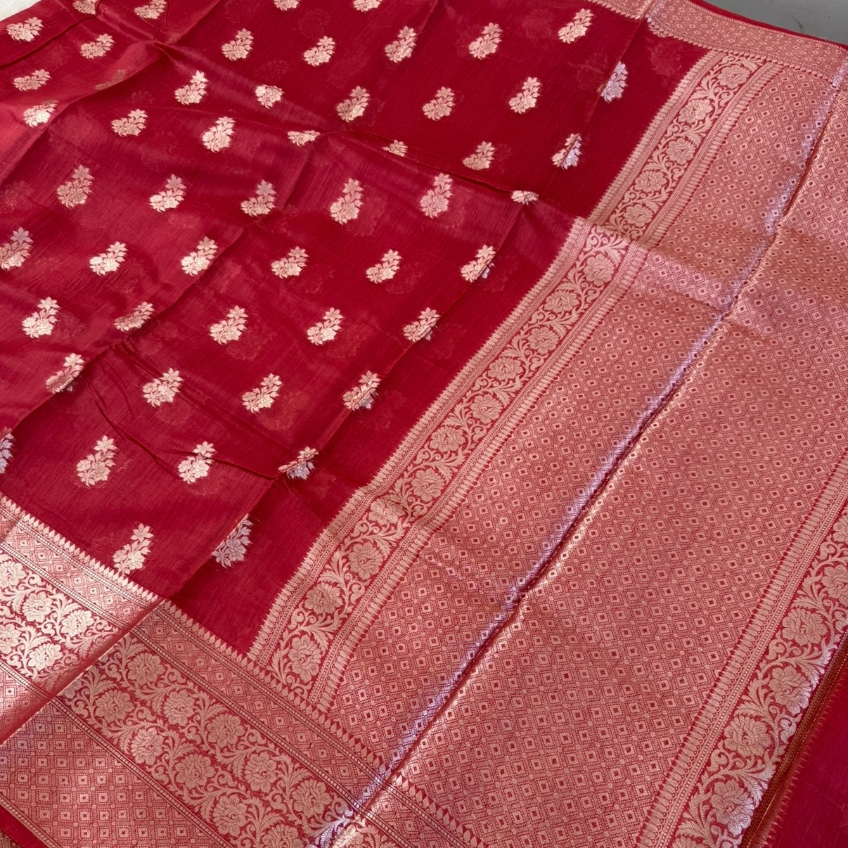 Ruby Red Pure Chiniya Silk Saree