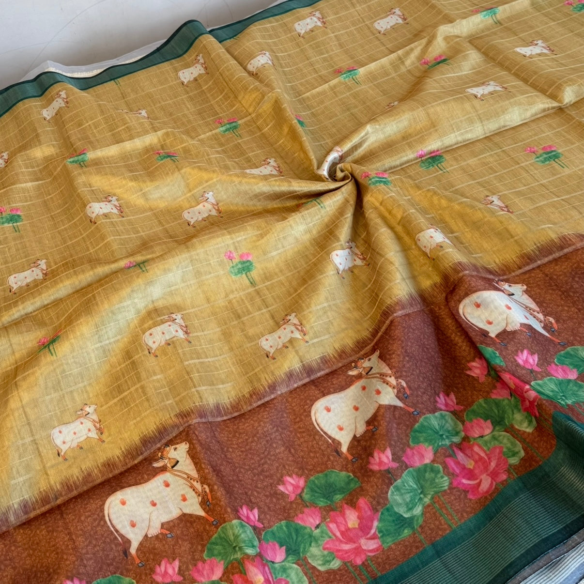Mustard with Maroon Pichwai Cow lotus Semi Tussar Saree