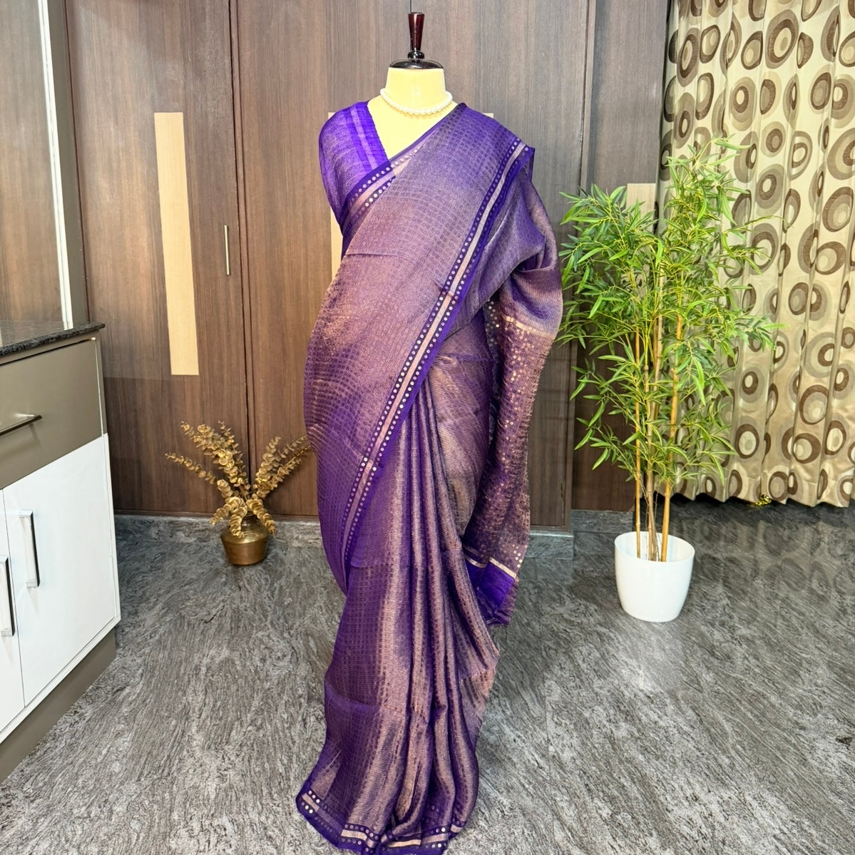 Rich Purple Pure Muslin Tissue Sequin Saree