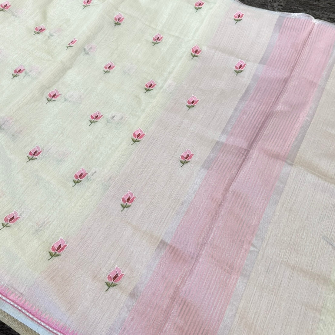 Off white Pink Floral Tissue Embroidery Silver Fancy Tussar Saree