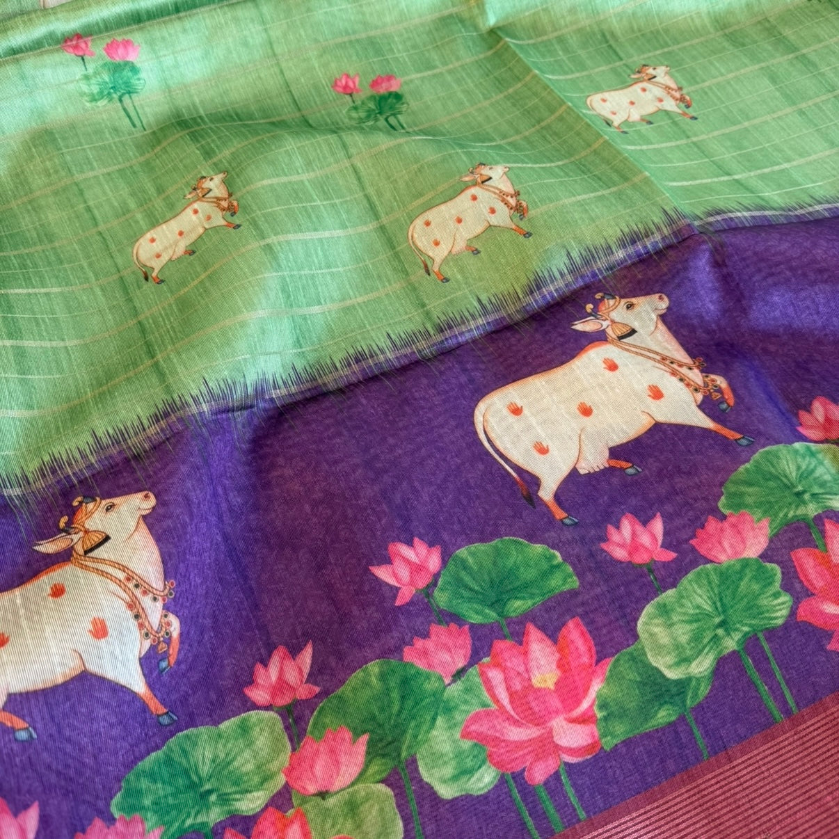 Green Purple Pichwai lotus cow Semi Tussar Saree