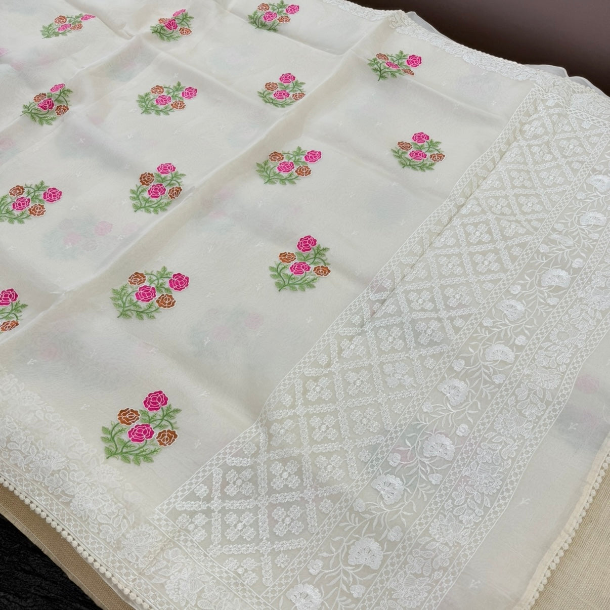Off White Intricate Floral Embroidery Kora Saree