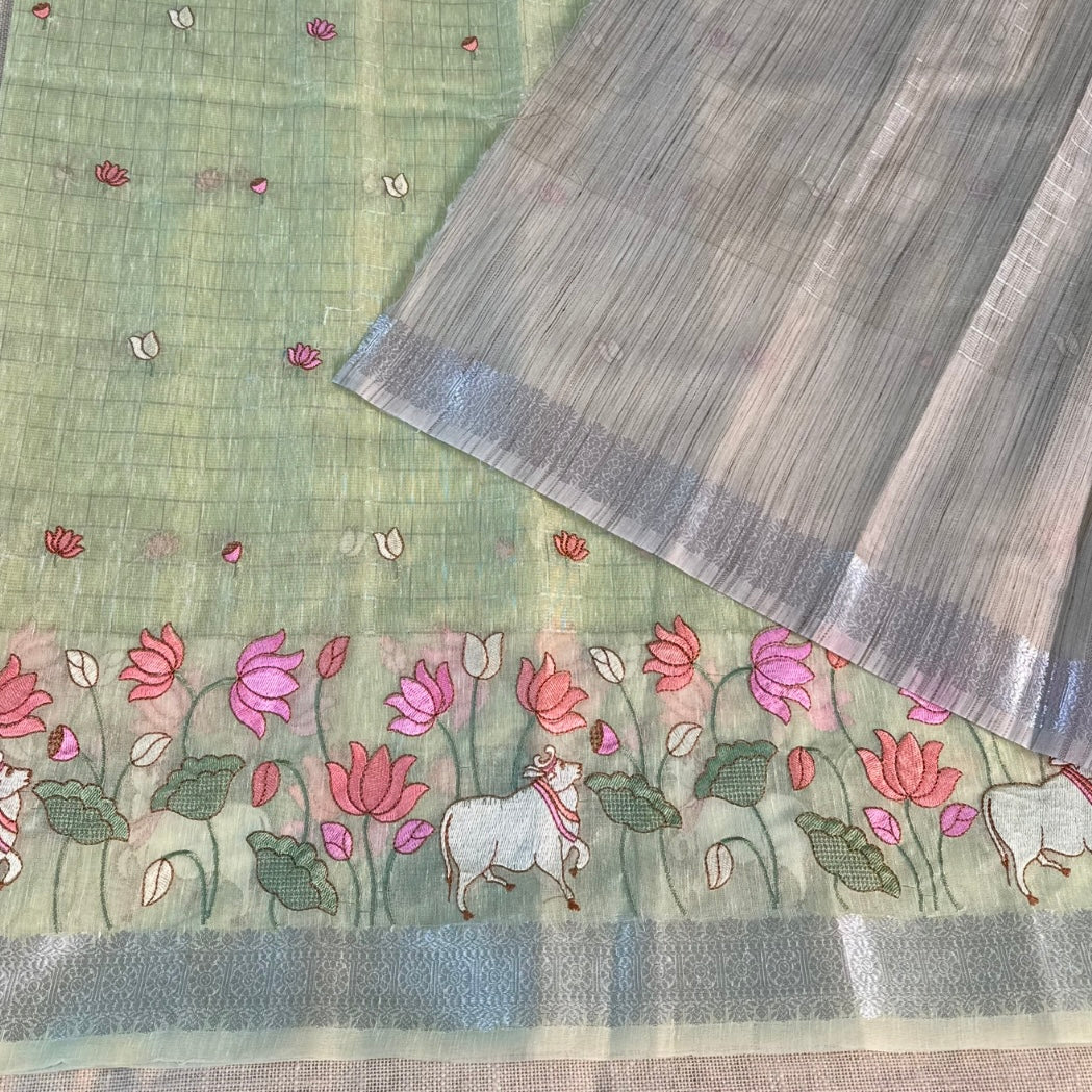 Pista Green Pichwai Tissue Semi Tussar Saree