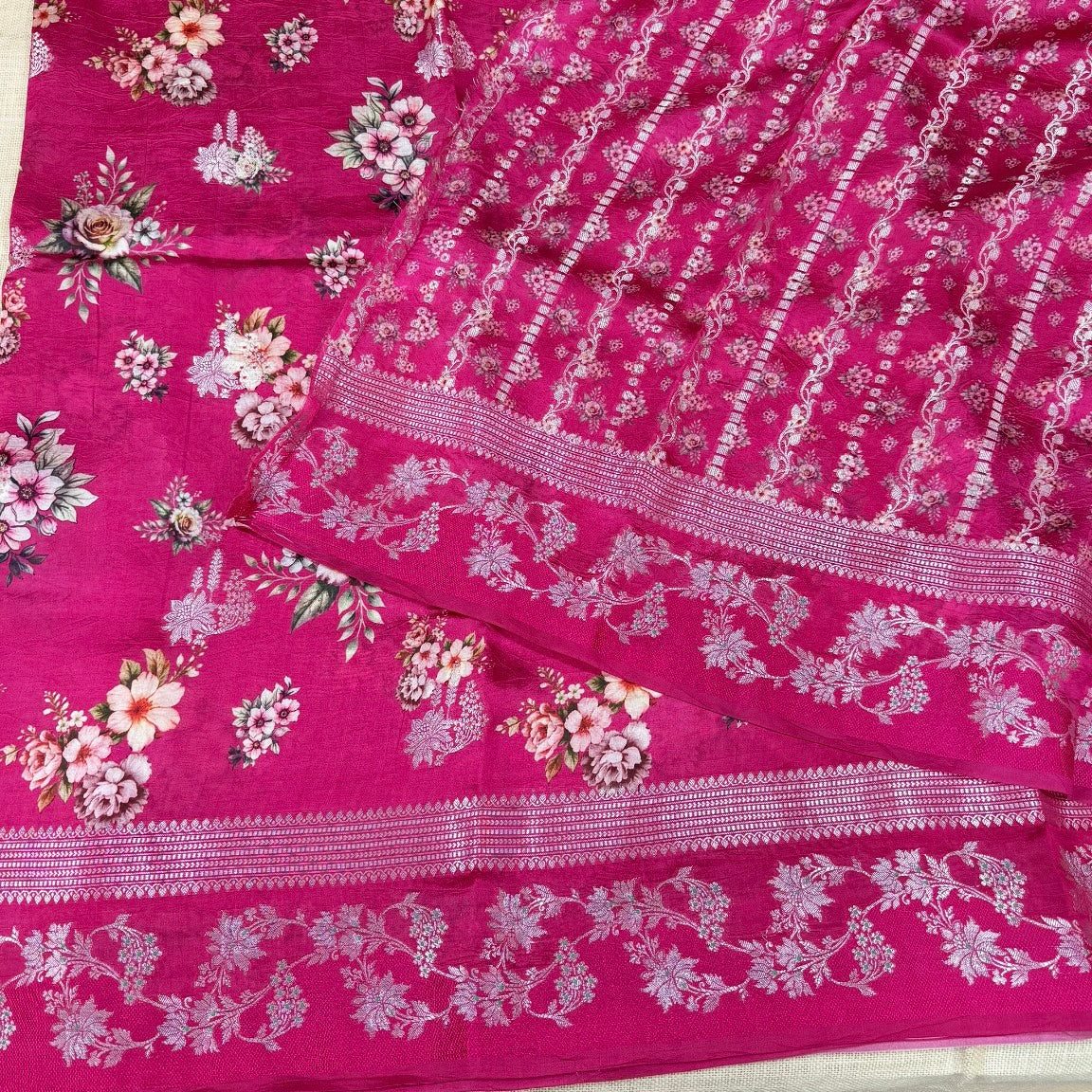 Pink Floral Digital Raw Mango Silk Saree