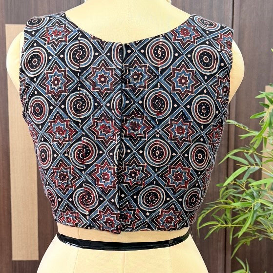 Black with Rust Red Ajrakh Printed Cotton Blouse