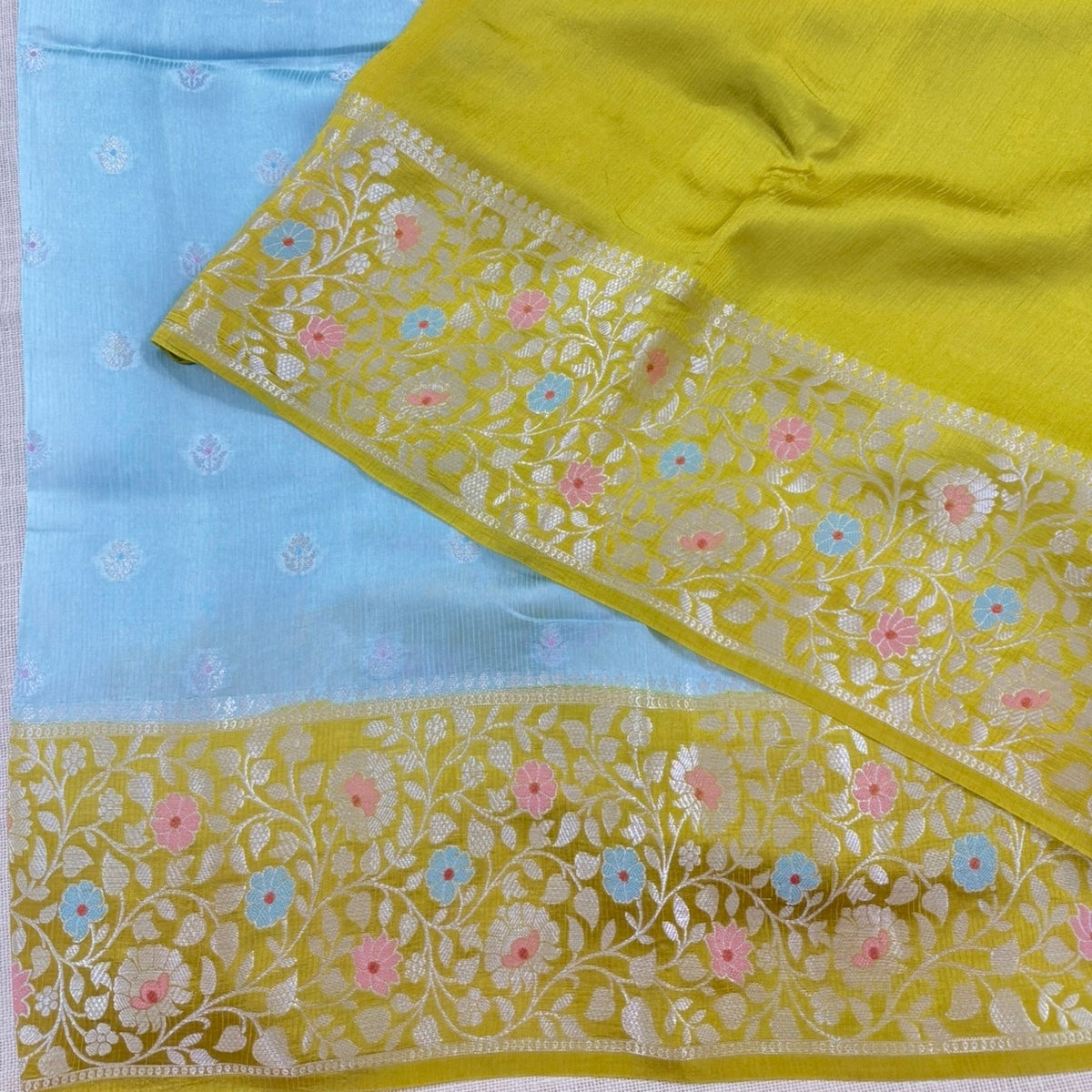 Sky Blue Lime Green Floral Pure Kora Silk Saree
