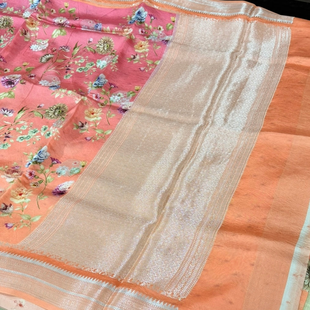 Peach with Pink Floral Ombré Digital Raw Mango Silk Saree