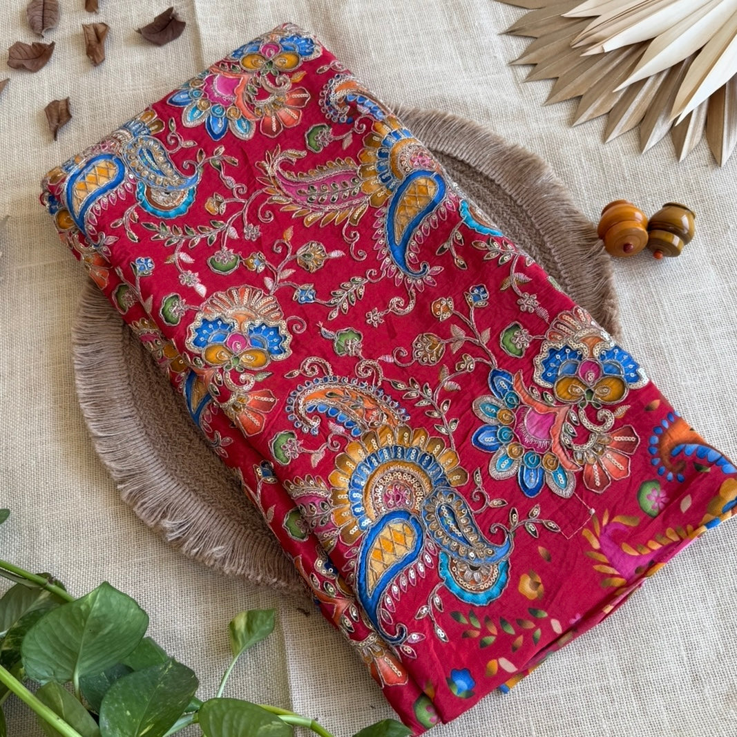 Red Designer Paisley Floral Embroidery Crepe Blouse Fabric