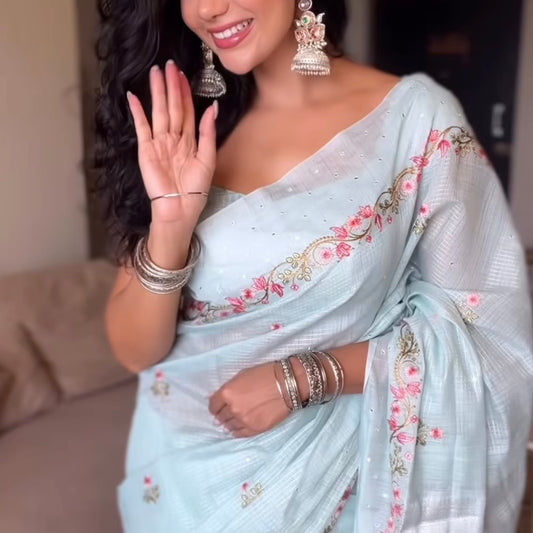 Baby Blue Pink Floral Embroidery Linen Mirror Saree