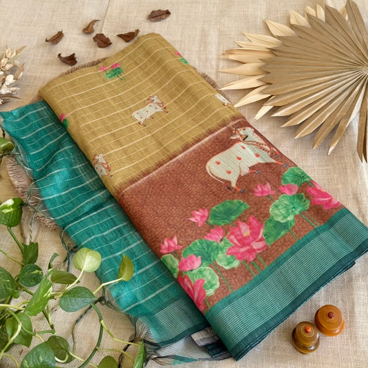 Mustard with Maroon Pichwai Cow lotus Semi Tussar Saree