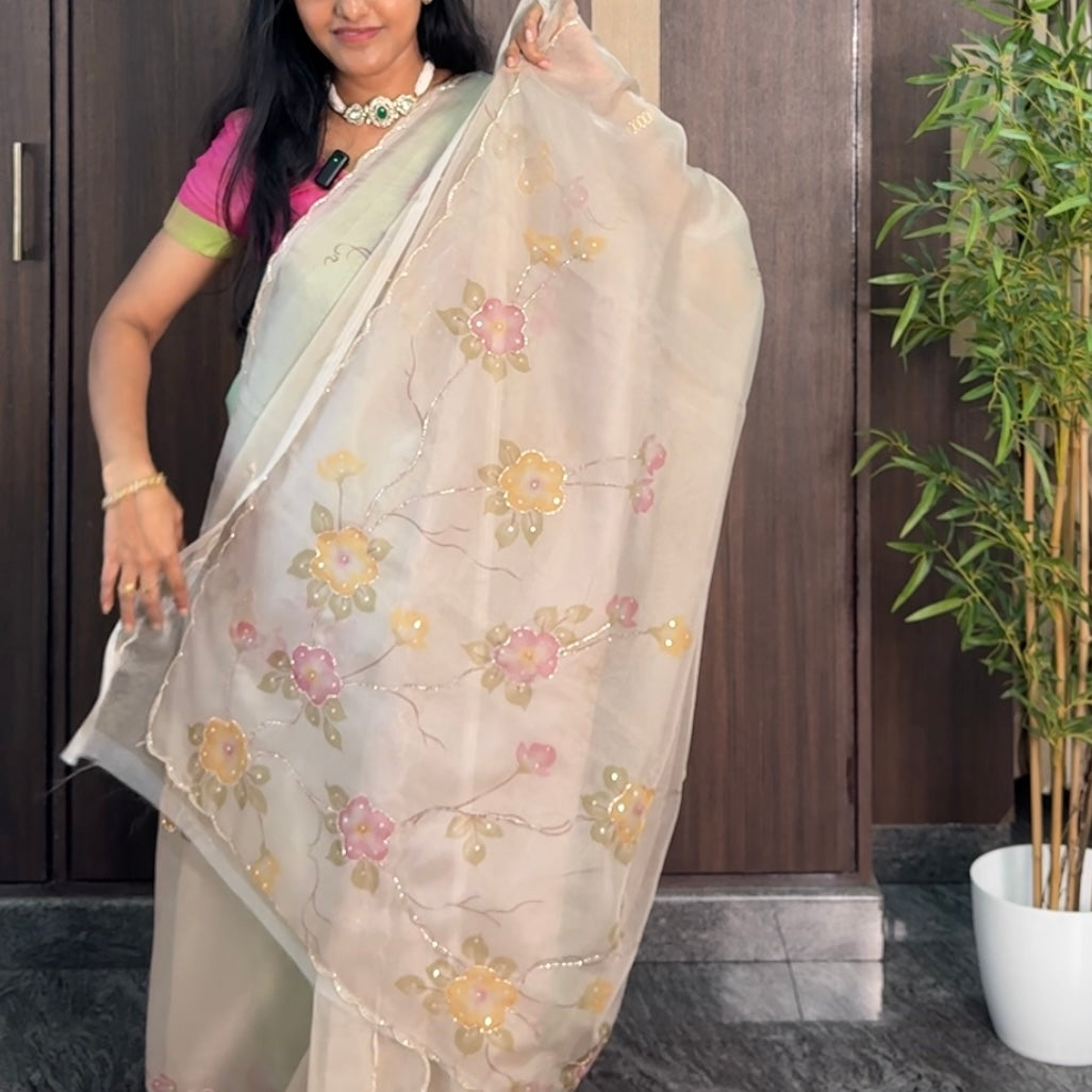 Pearl Ivory Soft Organza Designer Saree
