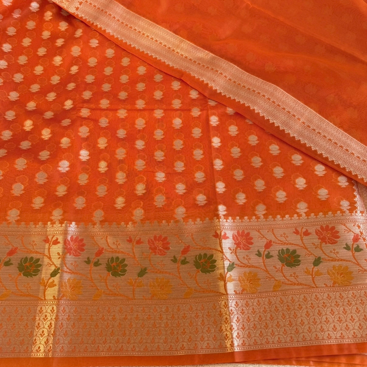 Vibrant Orange Khadi Georgette Siik Saree