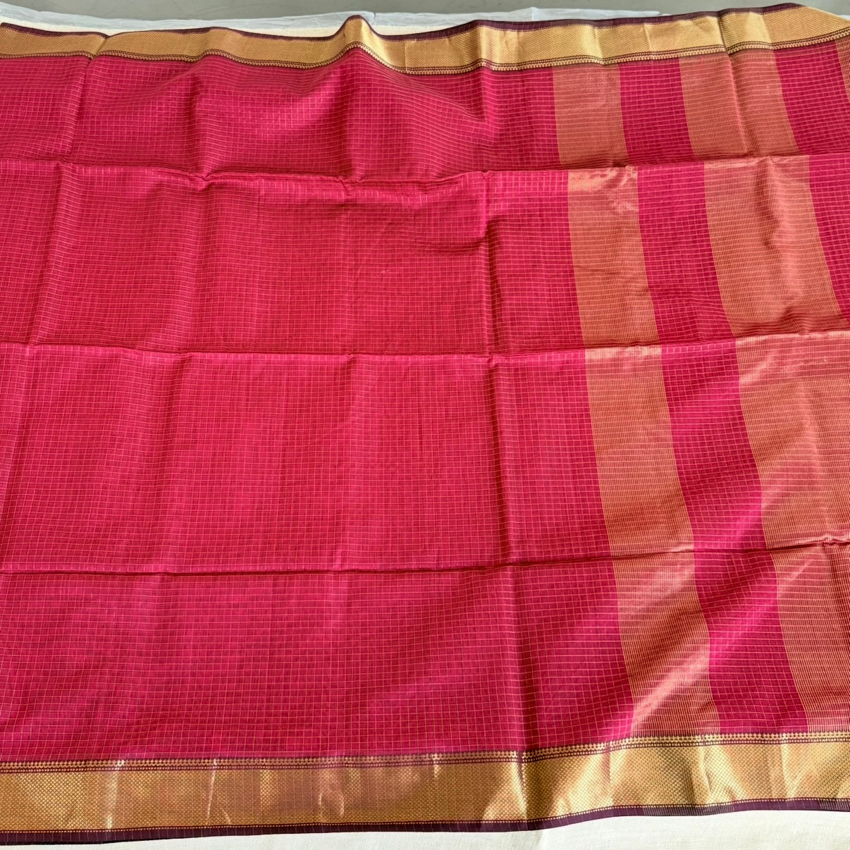 Rani pink Zari checked Maheshwari pure silk cotton saree