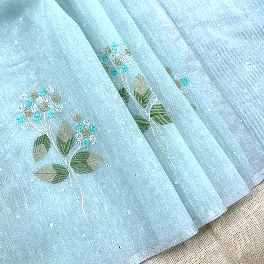 Pastel Blue Floral Embroidery Tissue Linen Saree