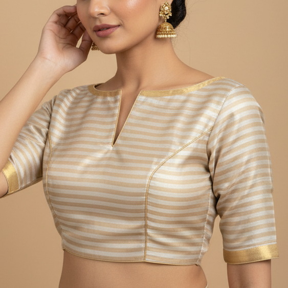 Ivory Gold Stripes Pure Tissue Blouse Fabric