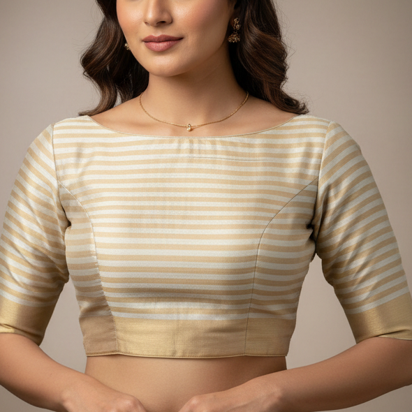 Ivory Gold Stripes Pure Tissue Blouse Fabric
