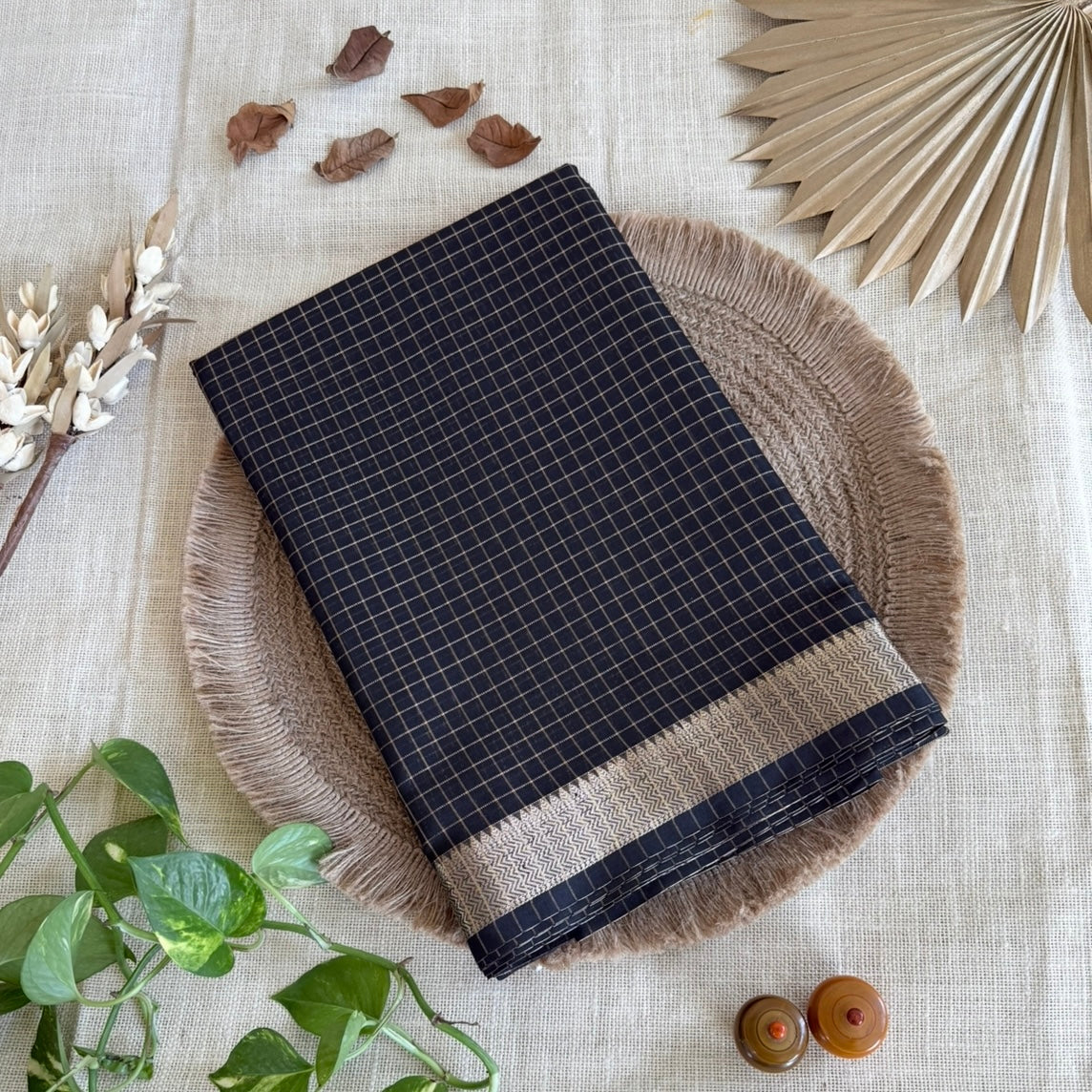 Black Zari Checked Semi Silk Saree