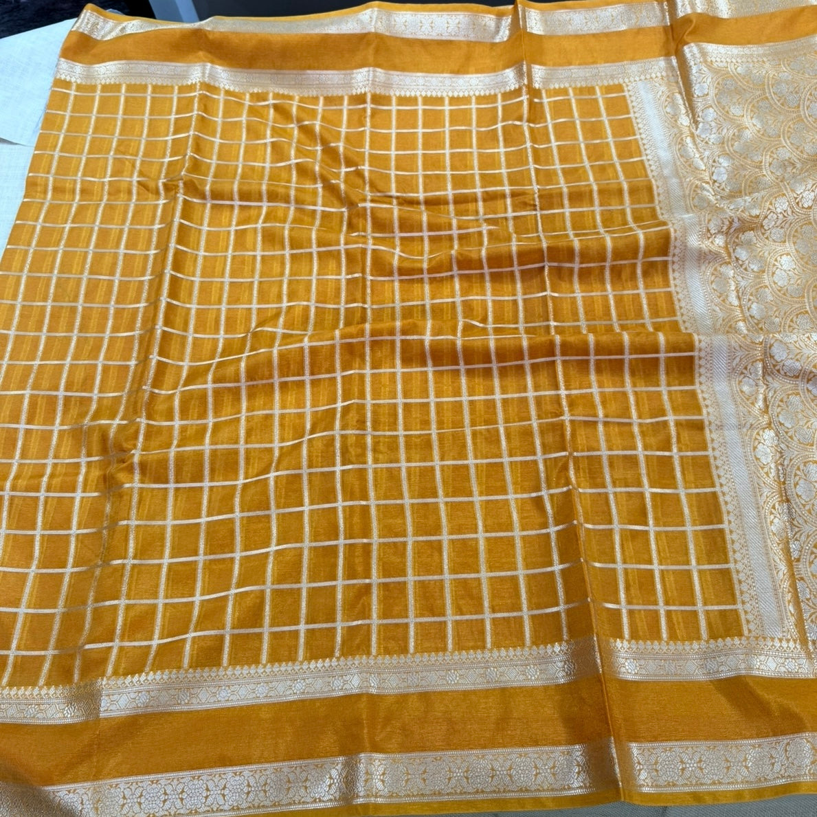 Mustard Checked Raw Silk Saree