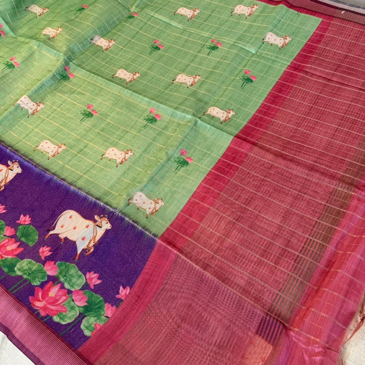 Green Purple Pichwai lotus cow Semi Tussar Saree