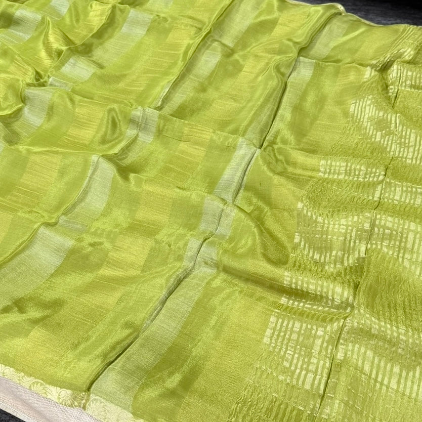 Mehendi Green Zari Stripes Chinnon Silk Saree