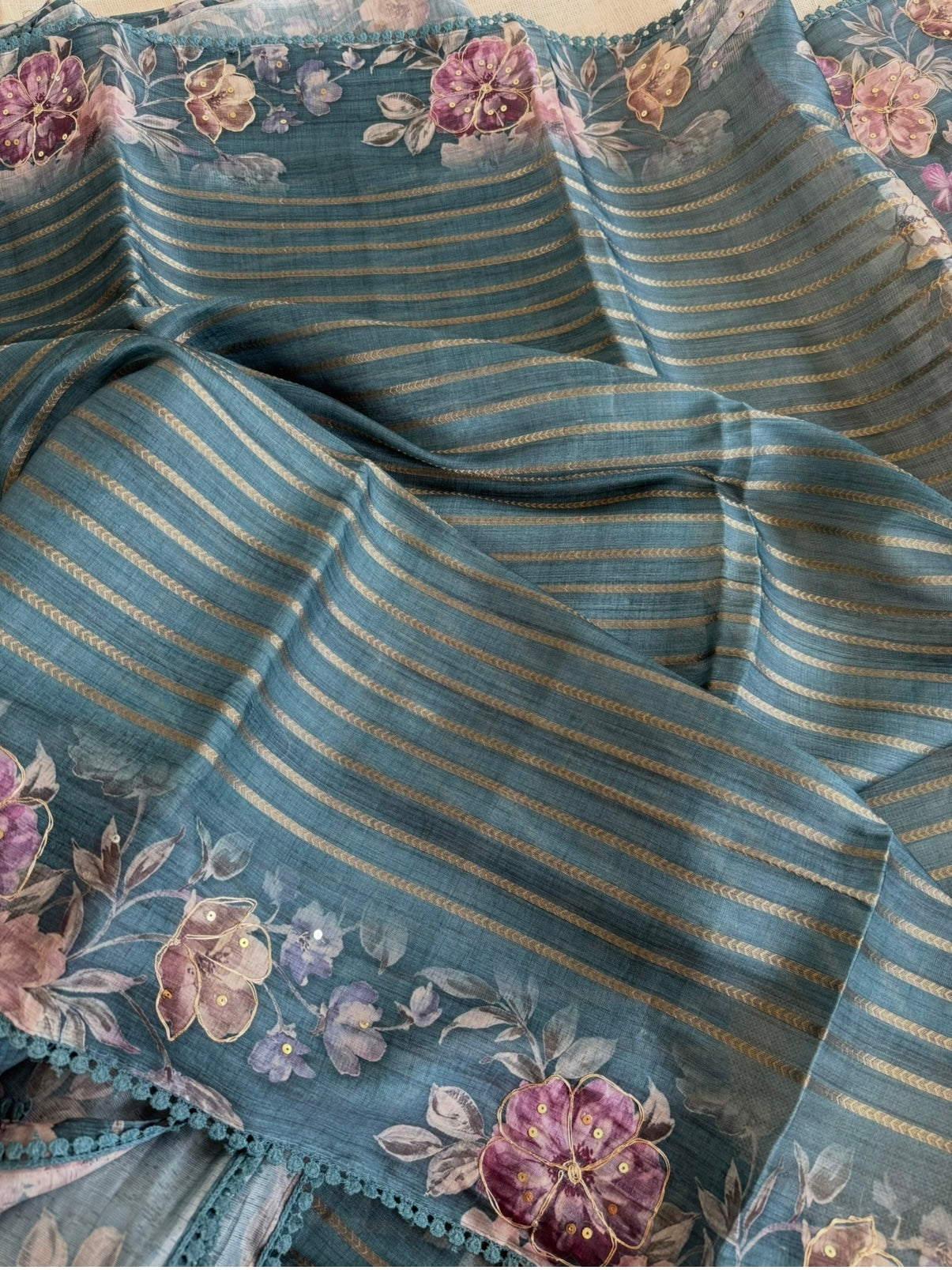 Teal Blue Floral Fancy Saree