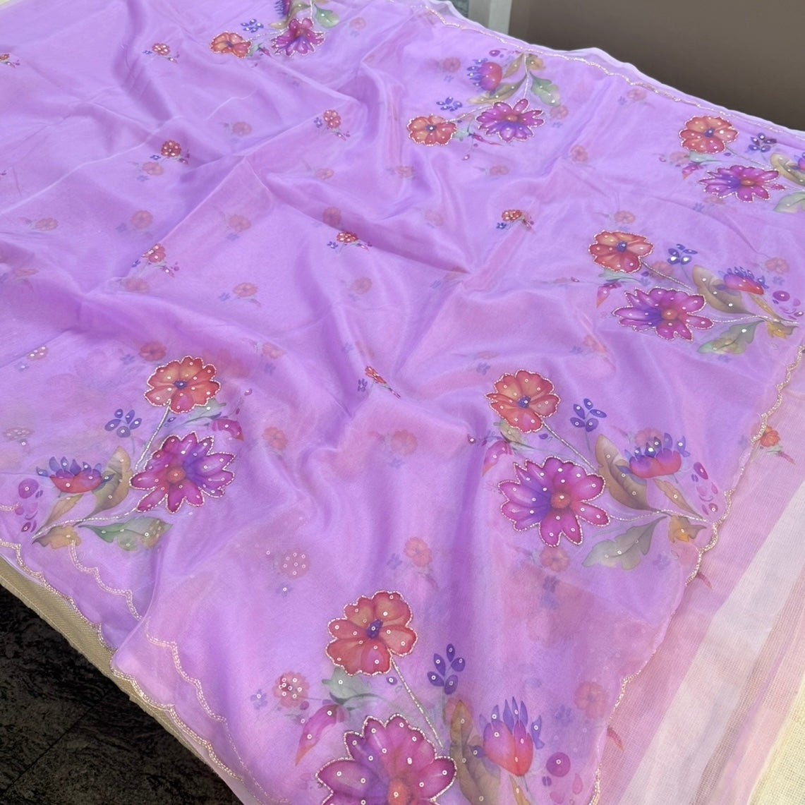 Lilac purple Fancy Crepe Designer Saree