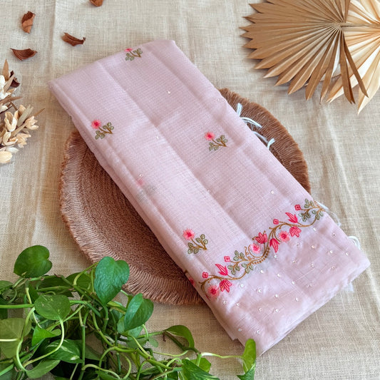 Mild Pink Floral Embroidery Linen Mirror Saree
