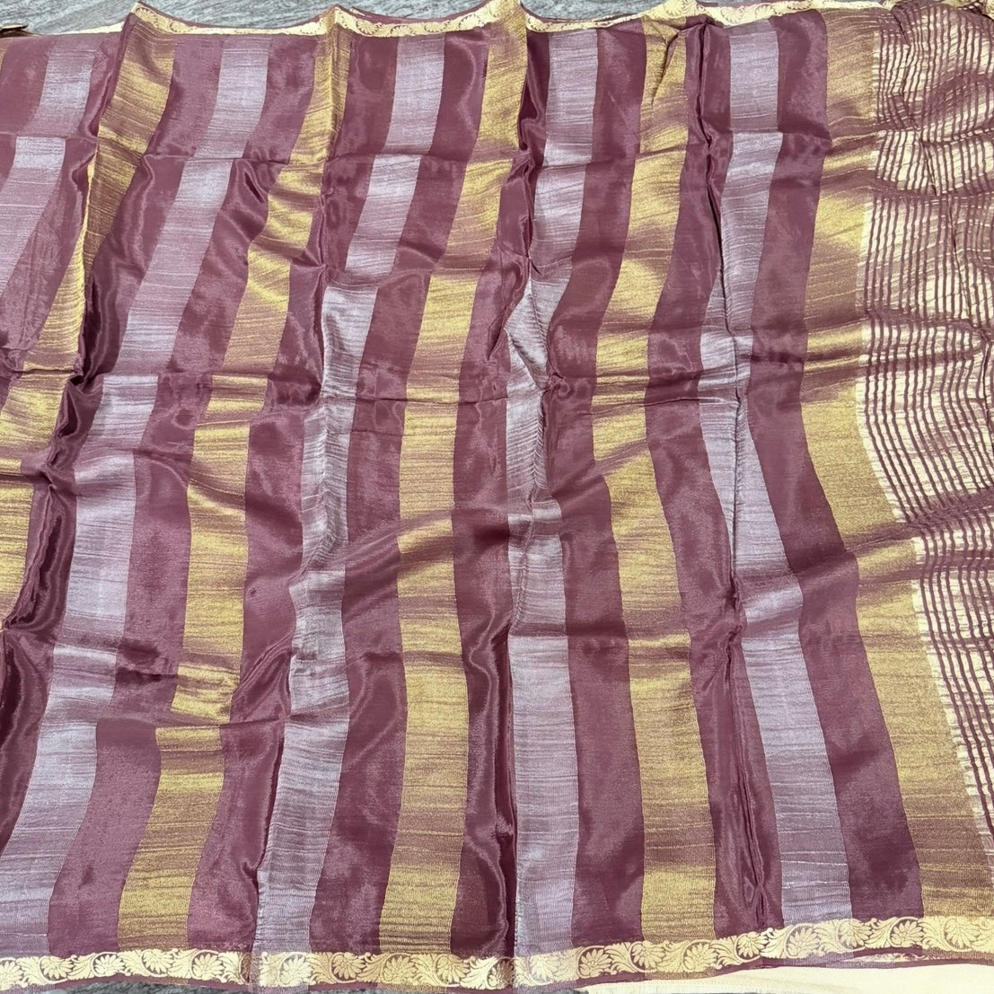 Brown Zari Stripes Chinnon Silk Saree