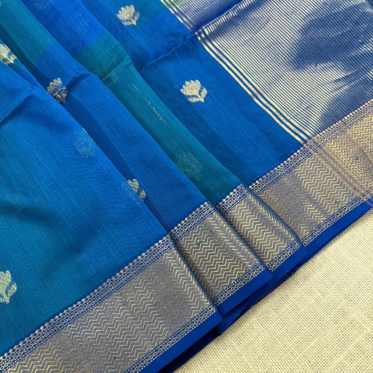 Peacock Blue Dual Shade Lotus Butta Maheshwari Silk Cotton Saree
