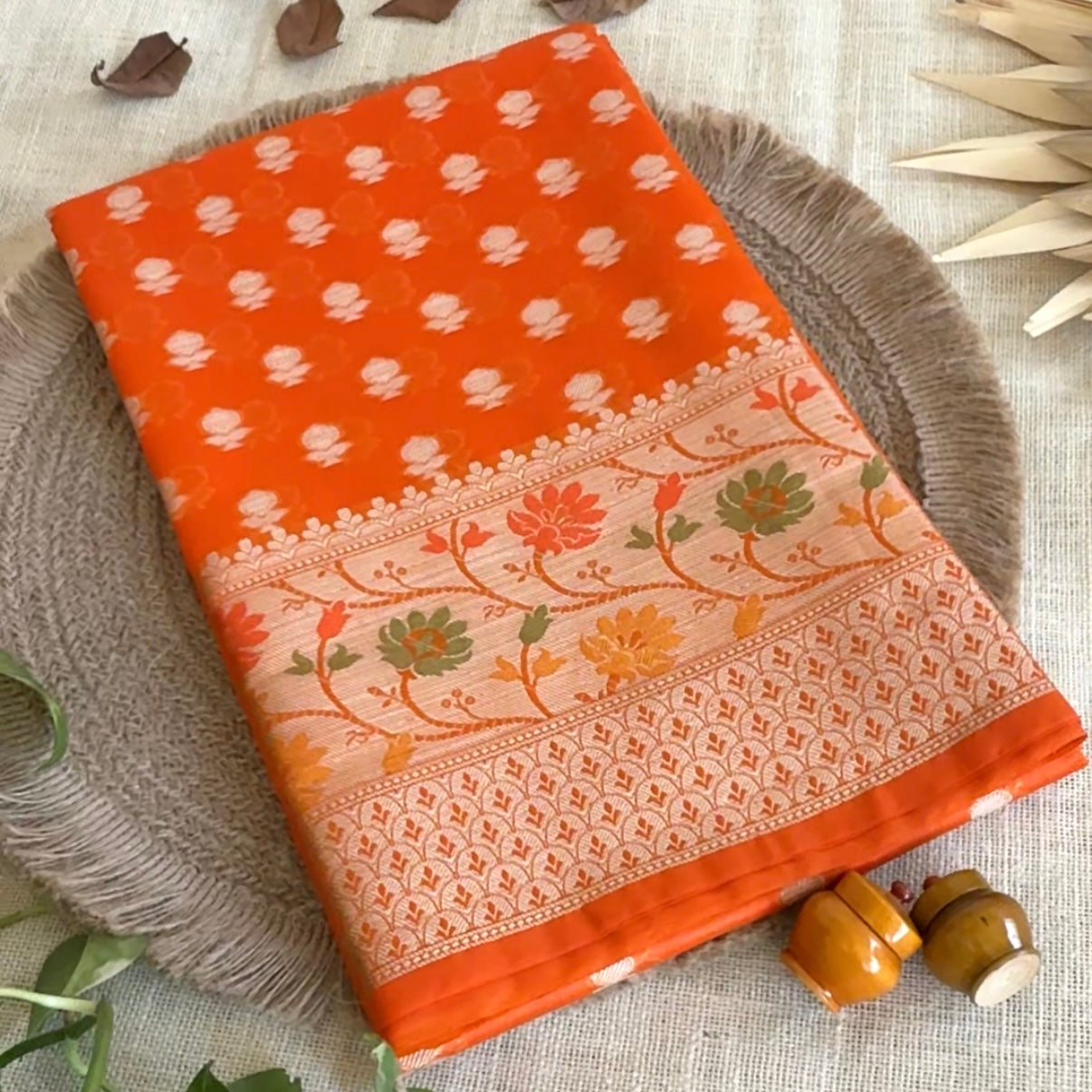 Vibrant Orange Khadi Georgette Siik Saree