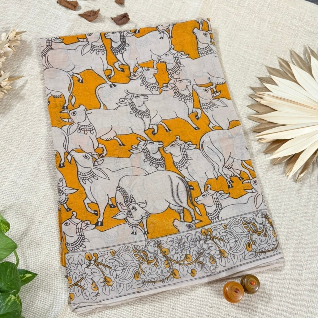 Mustard Cow pattern Kalamkari Cotton Saree