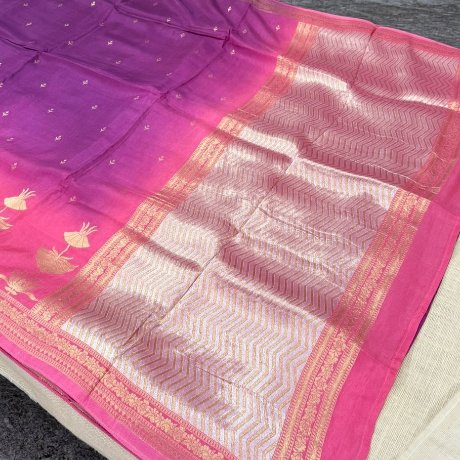 Purple with Pink Pure Crepe Silk Saree