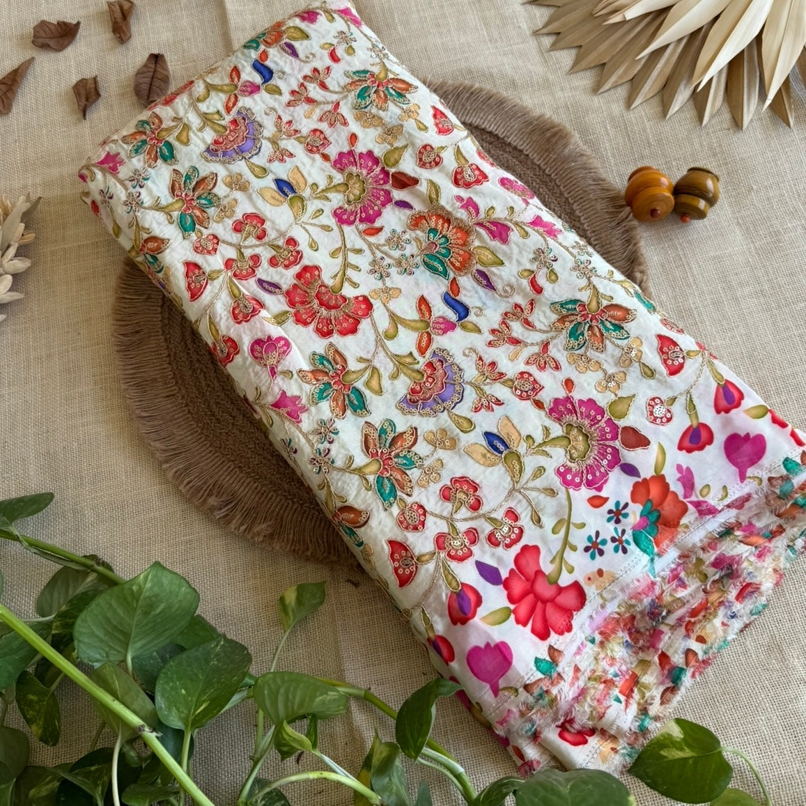 Ivory Rich Floral Embroidery Designer Crepe Blouse Fabric