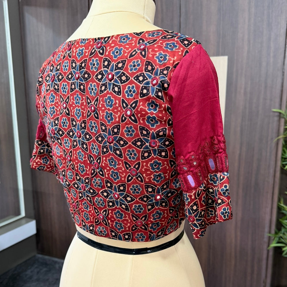 Maroon Ajrakh Modal Mirror Embroidery Blouse