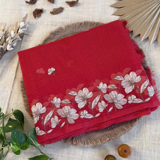 Vibrant Orange Kota Embroidery Saree