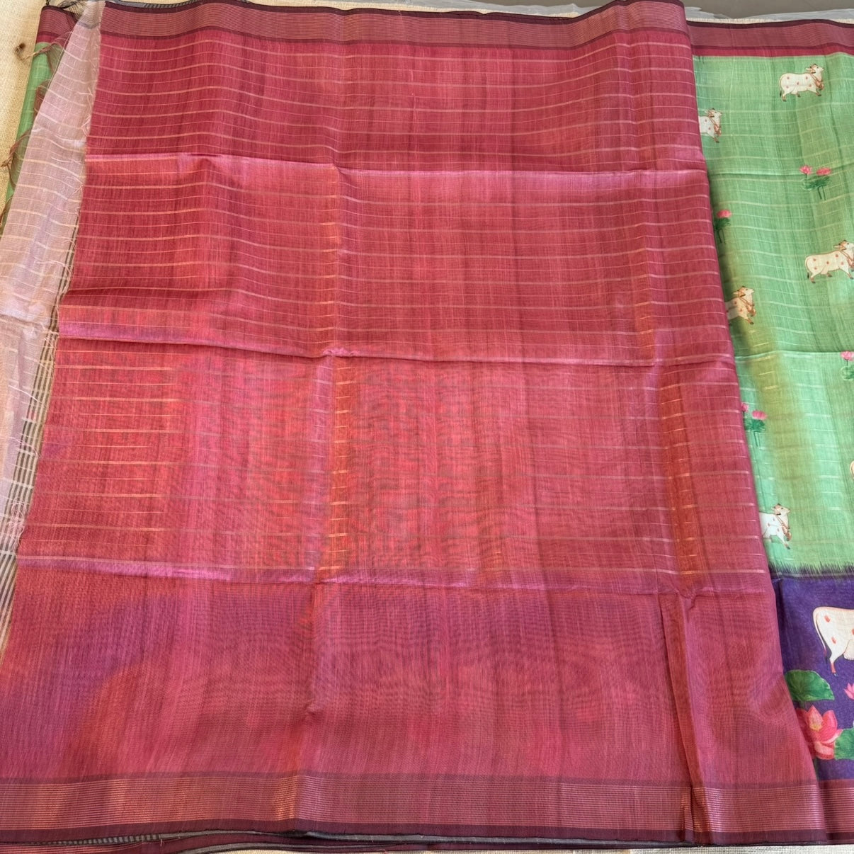 Green Purple Pichwai lotus cow Semi Tussar Saree