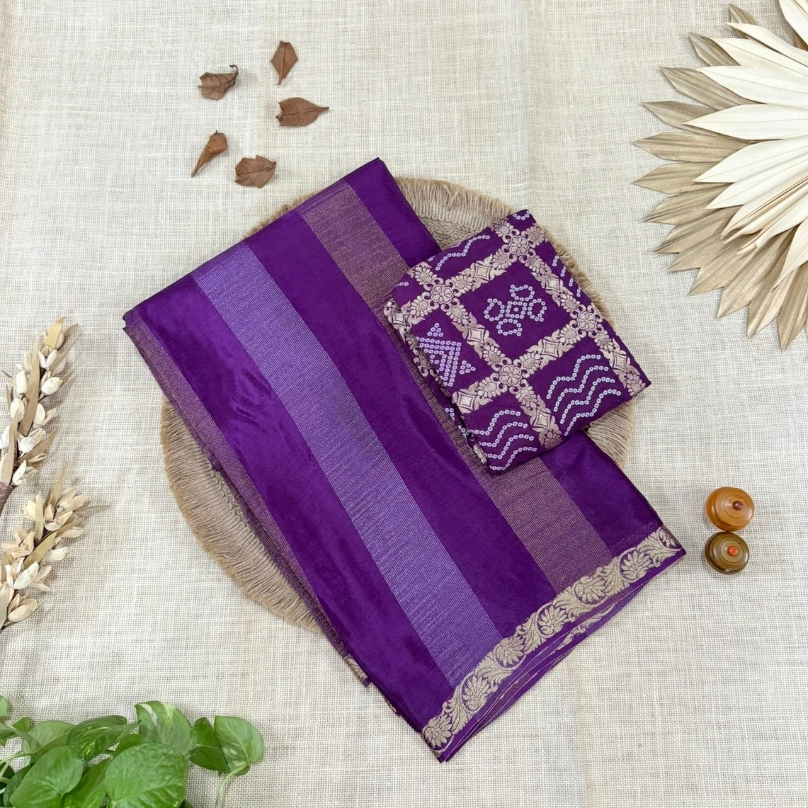 Purple Zari Stripes Chinnon Silk Saree
