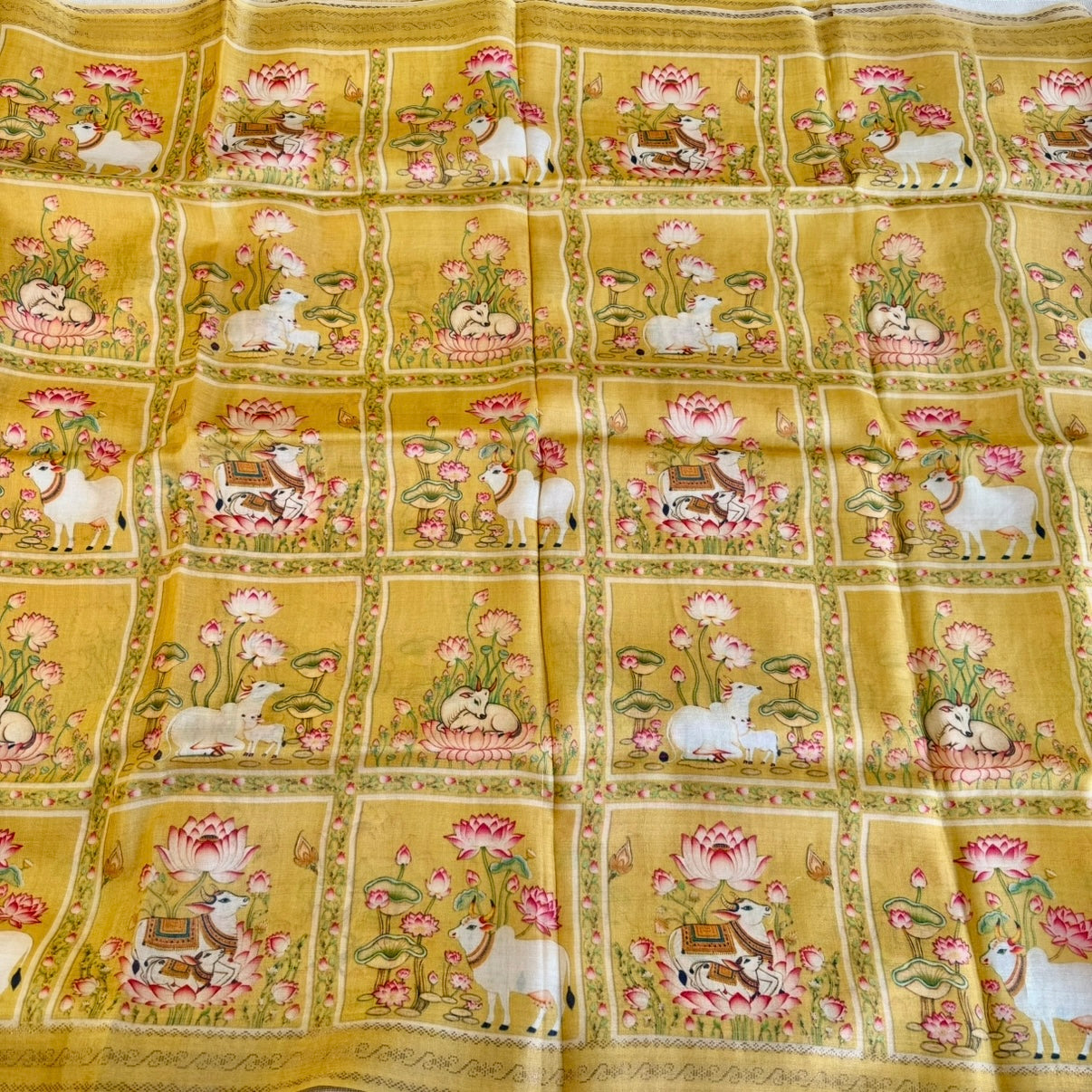 Mustard Yellow Pichwai Printed Pure Tussar Silk
