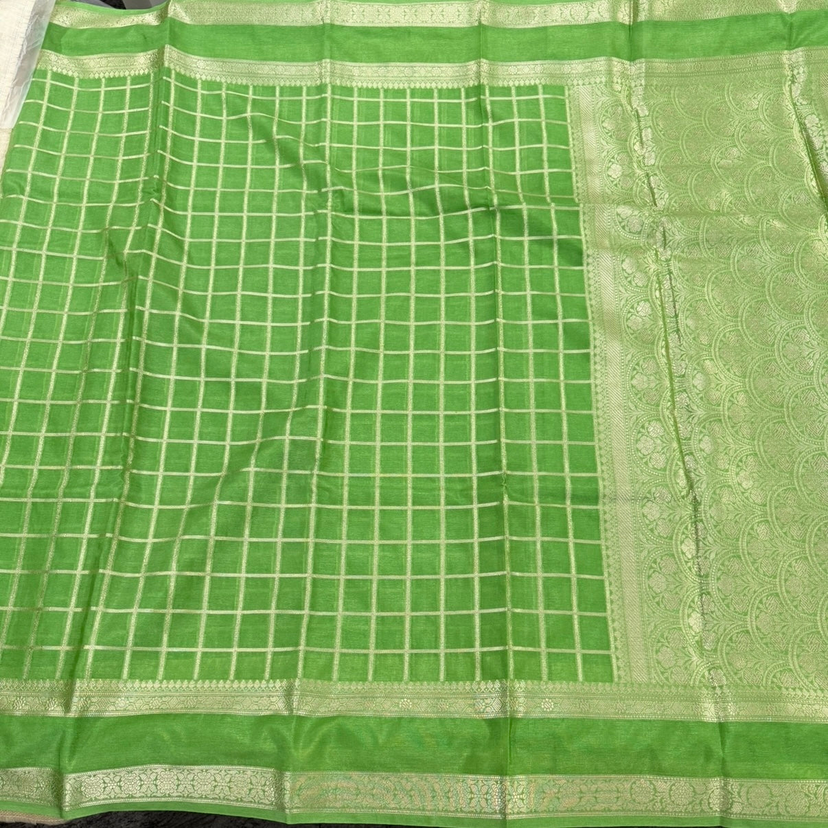 Green Checked Raw Silk Saree