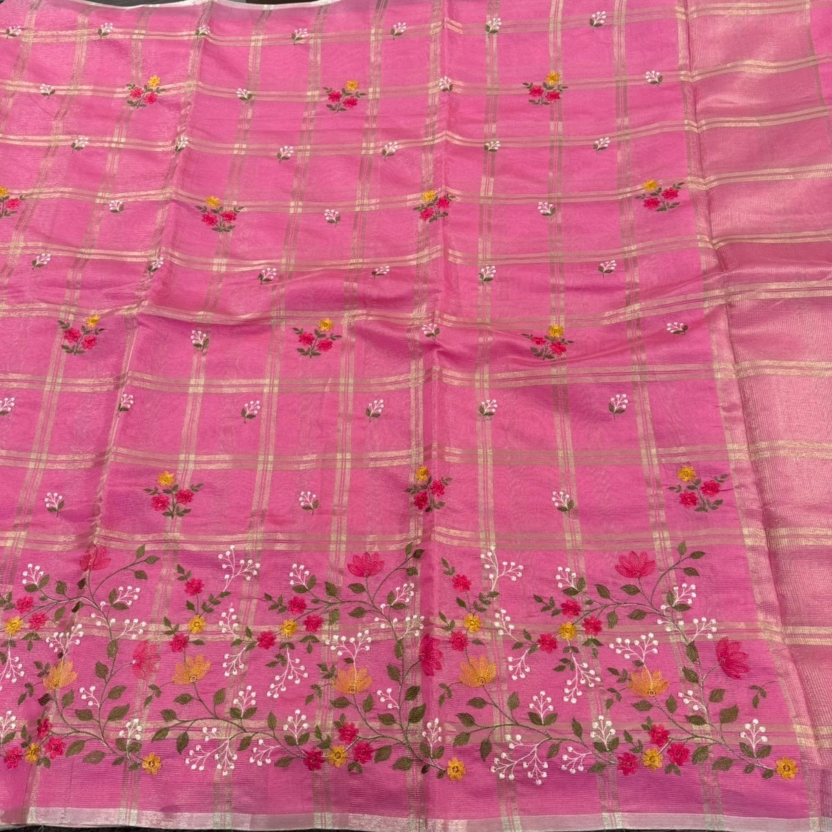 Pink Chekcs Floral Embroidery Semi Tussar Saree