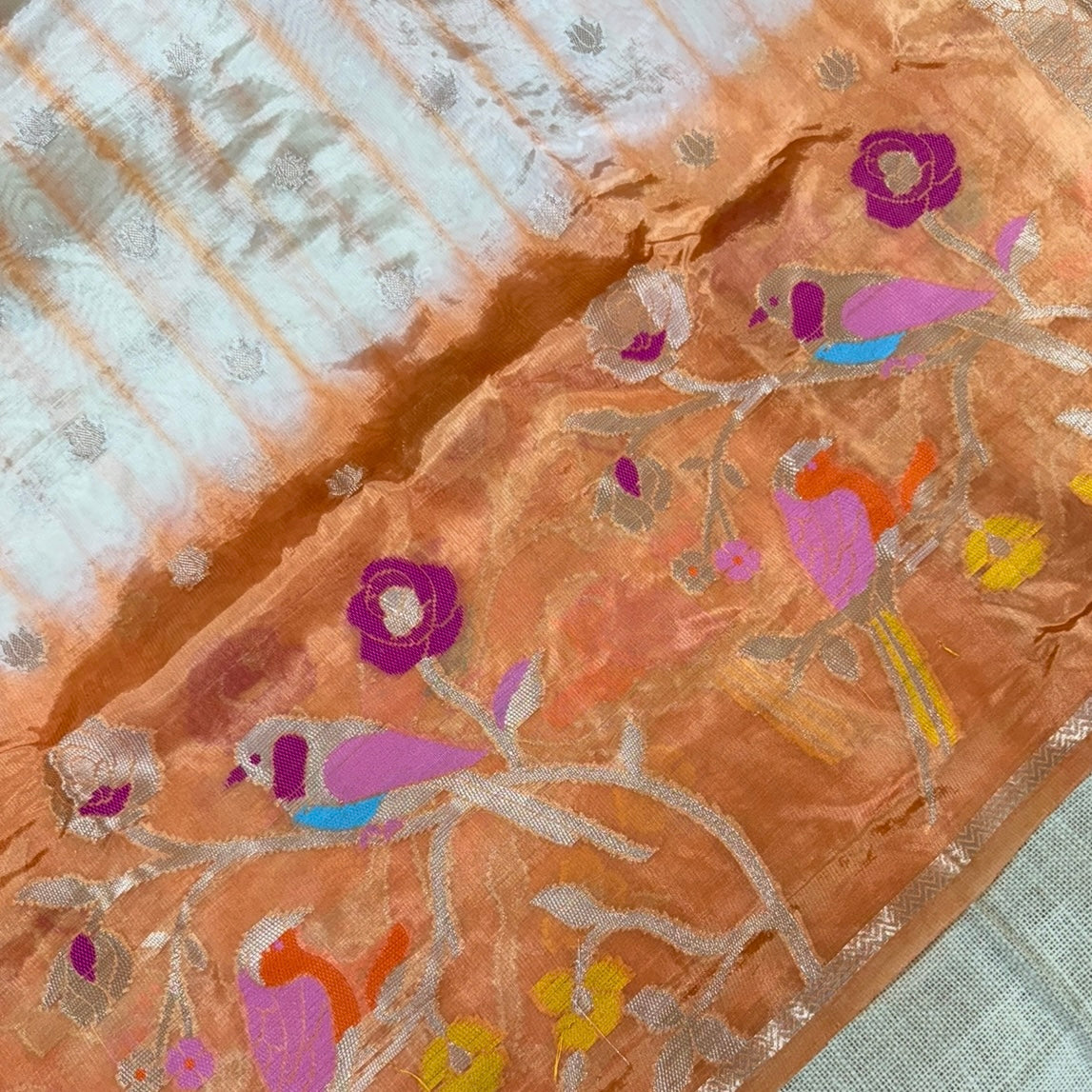 Orange Off White Floral Paper Silk Saree