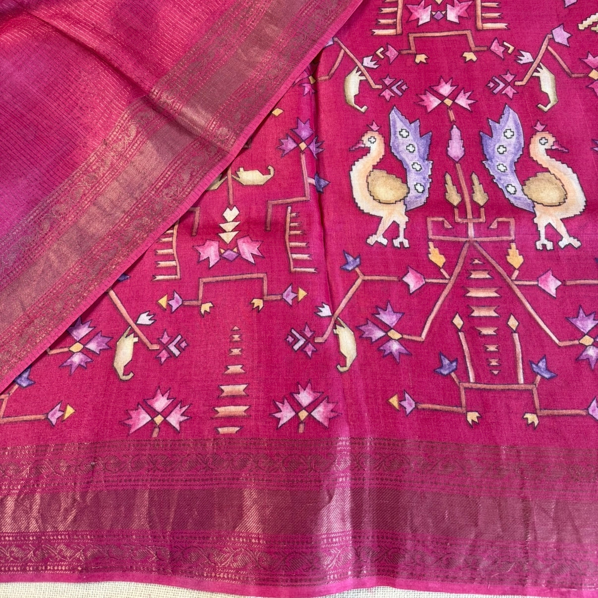Rich Pink Digital Printed Pure Tussar Silk