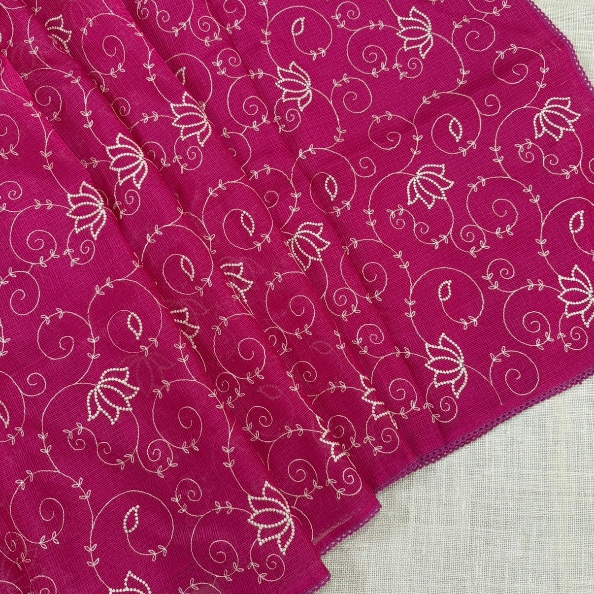 Close-up of crochet embroidery and floral motifs on pink Kota cotton saree