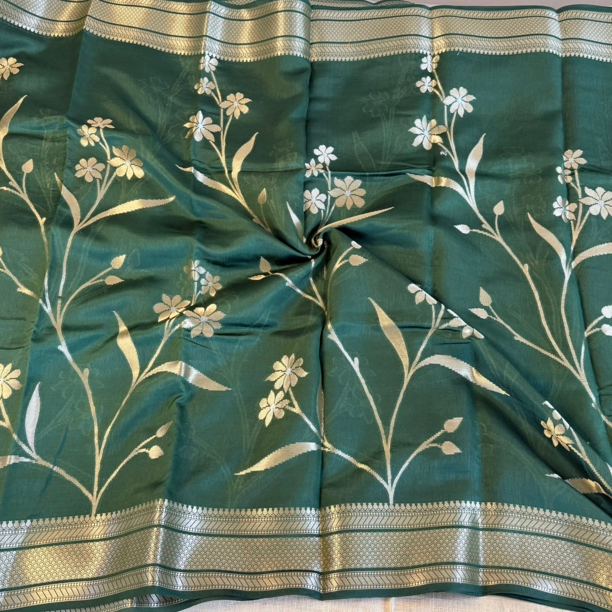 Bottle Green Pure Raw Mango Banarasi Silk Saree