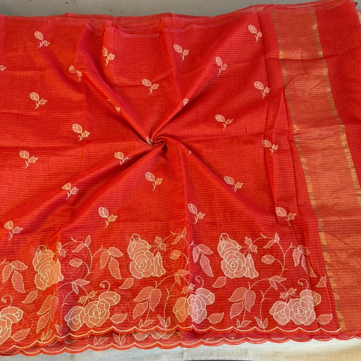Vibrant Orange Kota Tissue floral Embroidery Saree