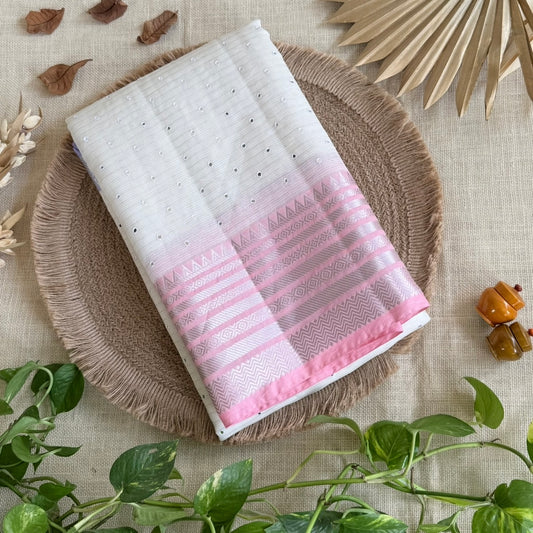 ith Pink Silver Zari Mirror work Linen Silk Saree