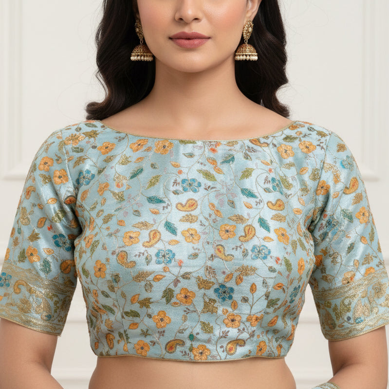 Sky Blue Designer Floral Embroidery Chinnon Blouse Fabric